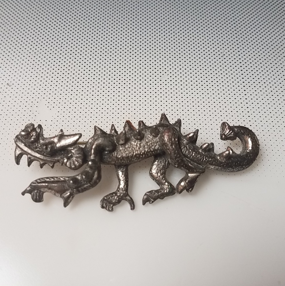 Walking dragon 50s vintage  silver awesome metal brooch pin